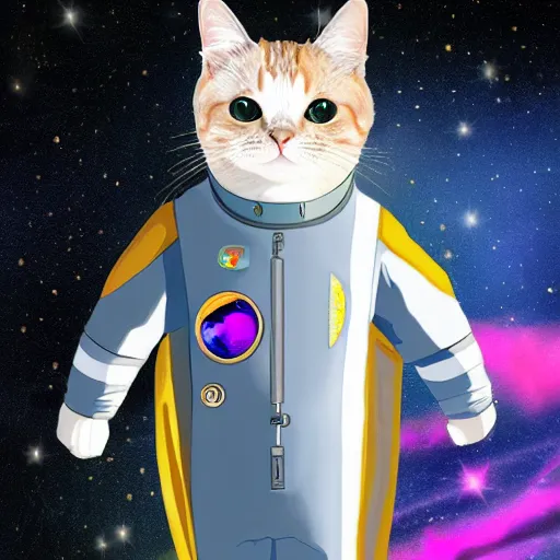 Image similar to an anime cat wearing a space suit, award winning digital art