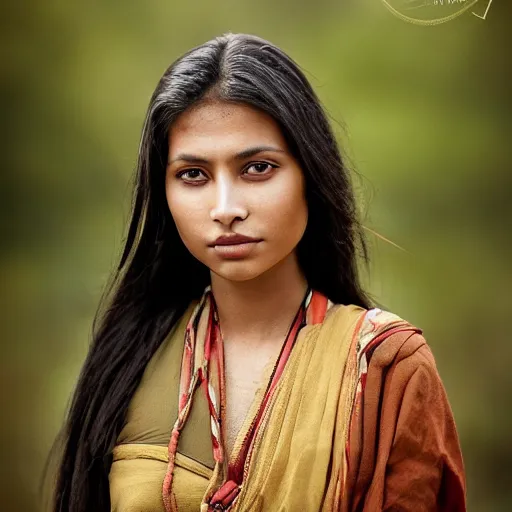 Image similar to a portrait of a stunningly beautiful nepali female, dark eyes, dark hair, olive skin, depth of field, zeiss lens, detailed, symmetrical, centered, fashion photoshoot, by Annie Leibovitz and Steve McCurry, David Lazar, Jimmy Nelsson, Breathtaking, 8k resolution, extremely detailed, beautiful, establishing shot, artistic, hyperrealistic, beautiful face, octane render