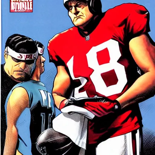 Prompt: comic book cover for'coach belichick spying on opponents ', art by alex ross