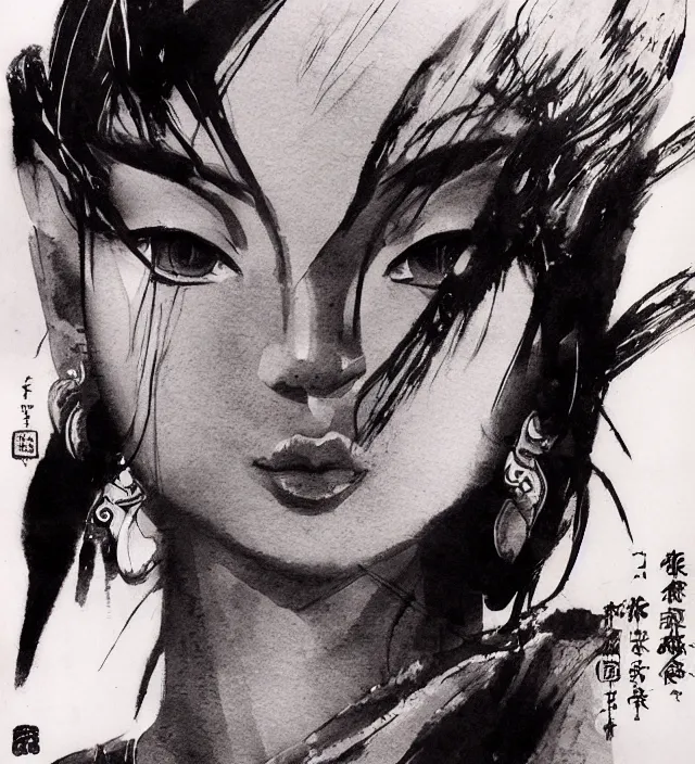 Prompt: taoist buddhist art brush ink painting of a beautiful girl epic portrait in squareenix miura kentaro sorayama technoir noir style detailed trending award winning