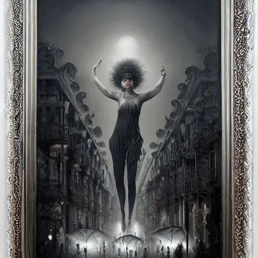 Prompt: By Tom Bagshaw, ultra realist soft painting of a curiosities carnival by night, omnious sky, symmetry accurate features, very intricate details, black and white, volumetric light clouds