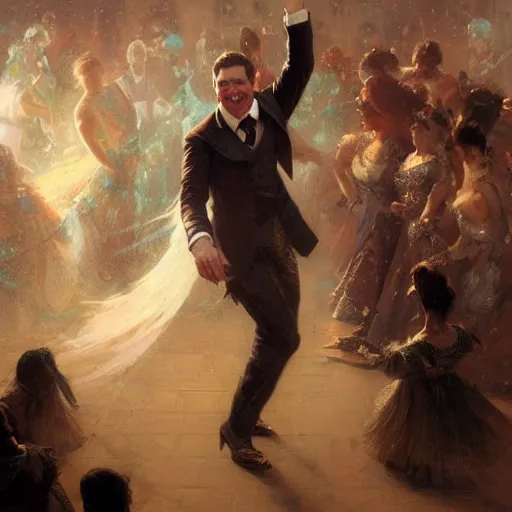 Image similar to an elated chancellor, dancing a jig, character portrait by greg rutkowski, gaston bussiere, craig mullins