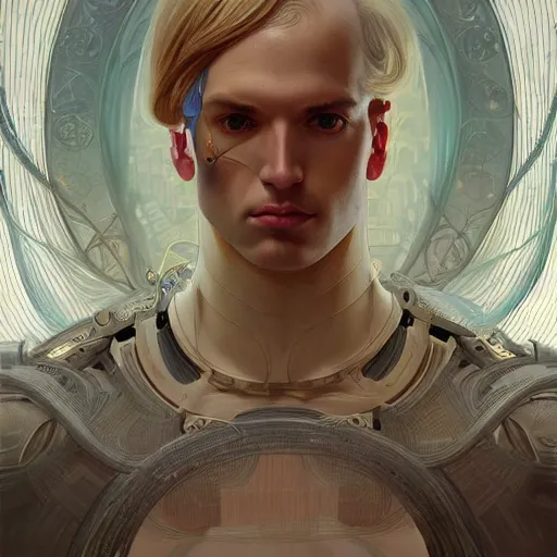 Image similar to portrait of a beautiful blond male android, coy, circuitry visible in head, in the style of ex machina, karol bak, alphonse mucha, greg rutkowski, award winning, hr giger, artstation