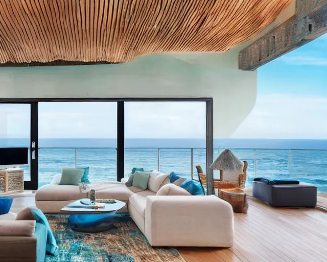 Image similar to A modern living room in a ocean hues style next to a big terrace overlooking the ocean, sea shells on top of a luxurious wooden coffee table in the center, inspired by the ocean, calm, relaxed style, harmony, wide angle shot, 8k resolution, ultra detailed