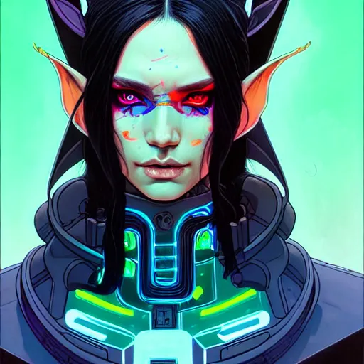 Image similar to portrait painting of a cyberpunk elf with beautiful flowing black hair and eyes, sharp focus, award - winning, trending on artstation, masterpiece, highly detailed, intricate. art by josan gonzales and moebius and deathburger