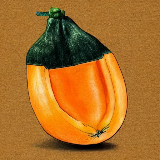 Image similar to a drawing of a papaya fruit with muscles, dressed as a sailor