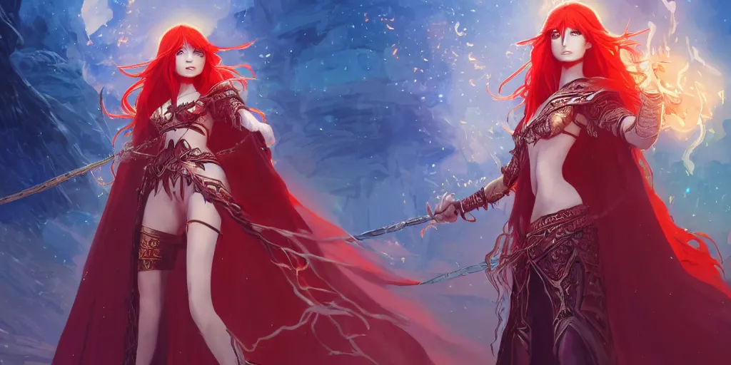 Image similar to an elven sorceress with red long hair in a very good beautiful heavy scale armor, wearing a cape, casting a fire spell, dungeon background, magical, bright, colorful, fantastic lighting, amazing details, 4 k uhd, illustration by hayao miyazaki and makoto shinkai and ilya kuvshinov, artstation, pixiv,