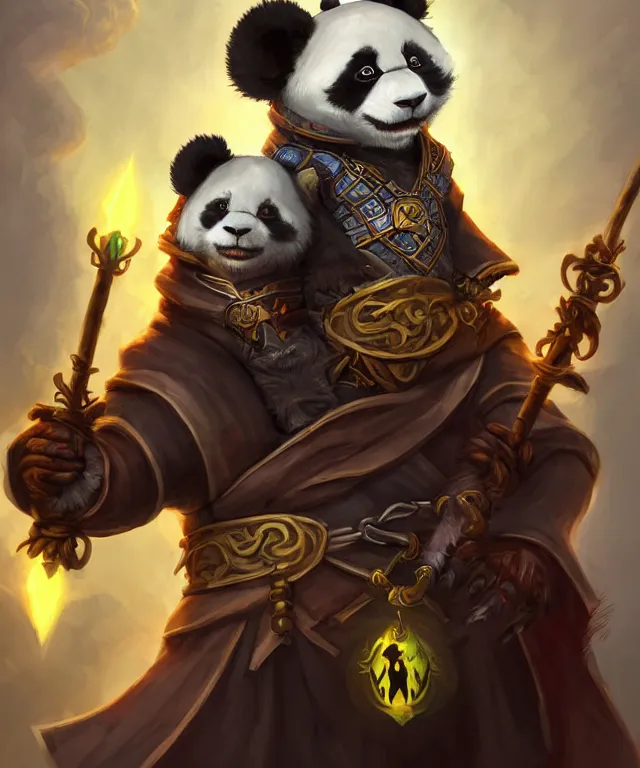 Image similar to a portrait an anthropomorphic panda warlock holding a staff, wearing warlock robes with spiked shoulders, landscape in background, dnd character art portrait, world of warcraft style, by peter mohrbacher, cinematic lighting