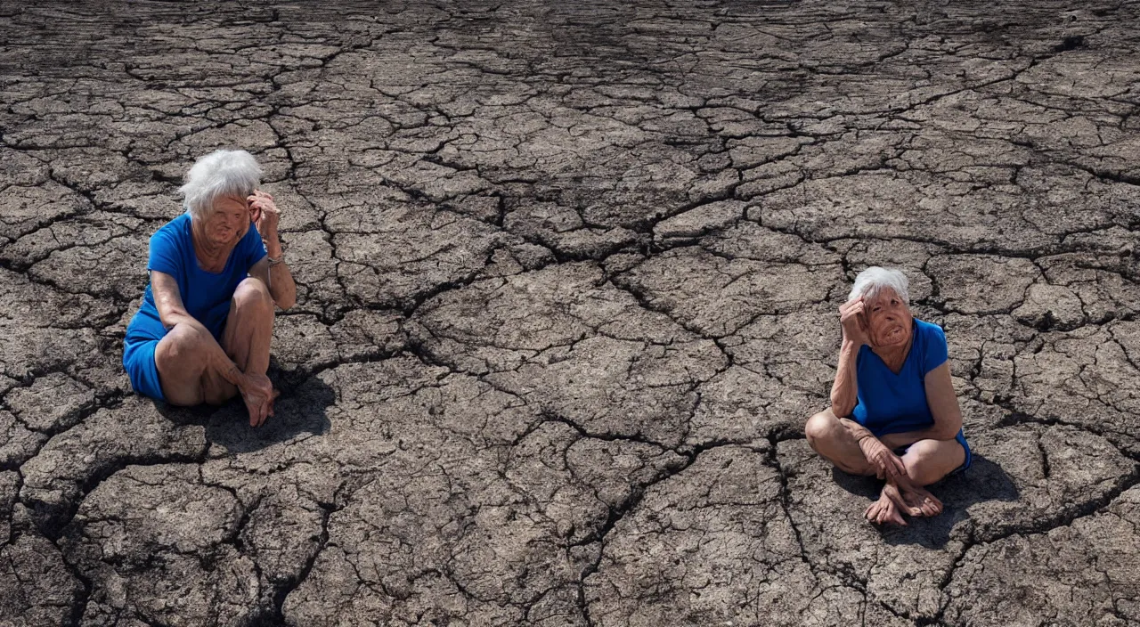 Image similar to 65-year-old Gaia crying unemotionally as she sits on a dried up river in a desolate land, blue sky, hot and sunny, highly-detailed, elegant, dramatic lighting, artstation, 4k, cinematic landscape, photograph by Elisabeth Gadd