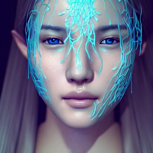 Image similar to intricate highly detailed face portrait of asian - european woman, light aqua water vines on her face, intricate, cgsociety, unreal engine, octane render, sharp focus, smooth, volumetric lighting, cinematic composition, artstation