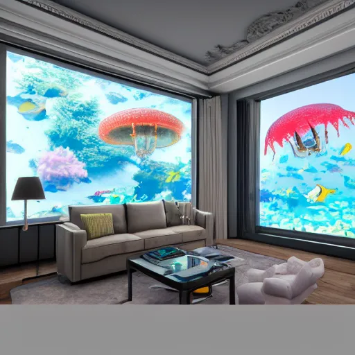 Image similar to photo of the modern fashionable room as aquarium with a chandelier as a big jellyfish, beautiful corals on the walls and dangerous sharks on the big panoramic window, realism, sharp details, cinematic, a lot of gleans, under the ocean, realistic colors, realistic shadows, daylight made in blender and cinema 4 d, hd, 3 d by beeple and by greg rutkowski