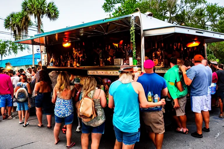 Prompt: Frenchmen Street Food Truck at Swamphead, extremely crowded, in the style of street photography