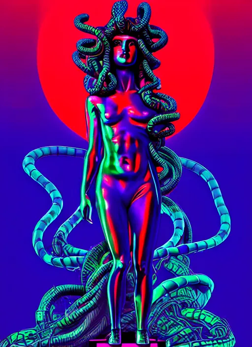 Prompt: statue of medusa, beeple, android jones, liam wong, ( ( ( ( ( dan mumford ) ) ) ) ), vaporwave, retrowave, black background, neon wiring, black, glitch, strong contrast, cuts, pinterest, trending on artstation