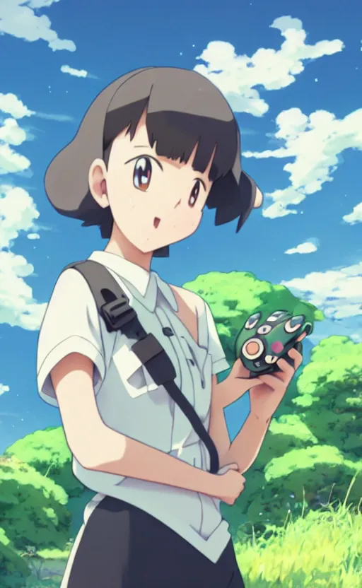 Image similar to a pokemon go card from 1 9 5 0, illustration, insect trainer girl, clear sky background, lush landscape, concept art, anime key visual, trending pixiv fanbox, by wlop and greg rutkowski and makoto shinkai and studio ghibli and kyoto animation, symmetrical facial features, short hair, hair down