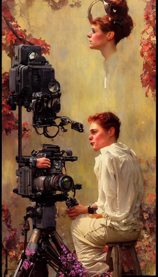 Image similar to hyper realistic photographer looking through camera, magical, painted by james gurney, norman rockwell, tom bagshaw, mucha, gaston bussiere, craig mullins, j. c. leyendecker 8 k