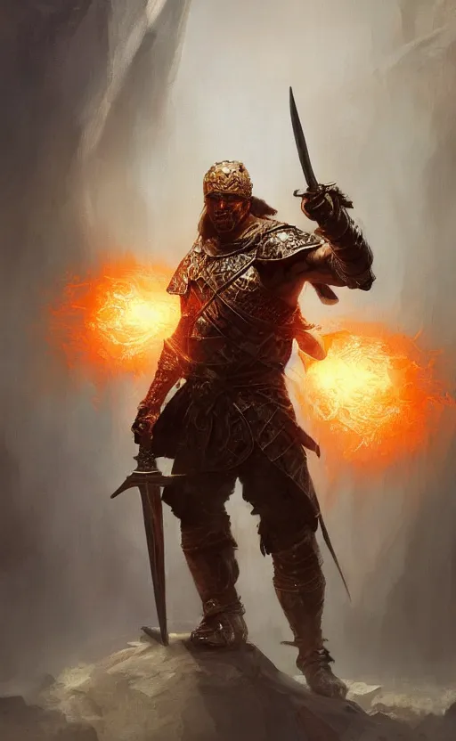 Prompt: a medieval warrior with a sword etched with runes and orange glowing eyes, advanced lighting from above, full body, detailed digital painting masterpiece by frank frazetta craig mullins and daniel f gerhartz, gorgeous, 4 k