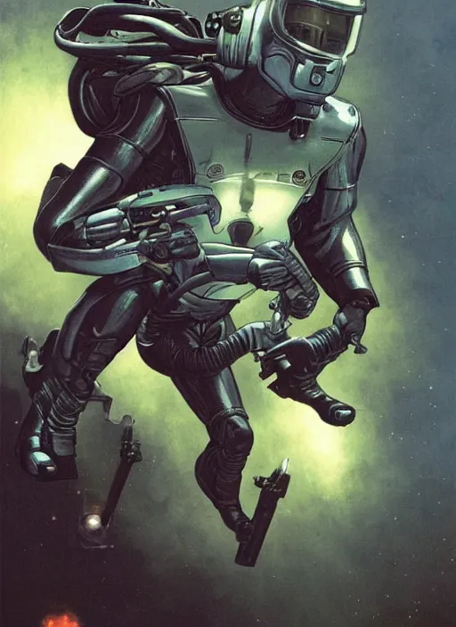 Image similar to flying human in suit with conic helmet and jetpacks attached to arms and legs, against dark background, fluid, smooth, organic, crazy, high contrast, sharpness, dramatic, by greg rutkowski and siudmak and richard corben and moebius