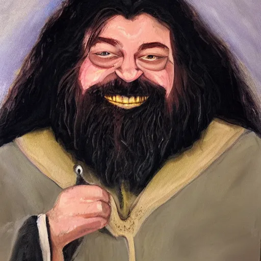 Image similar to thin happy hagrid oil painting