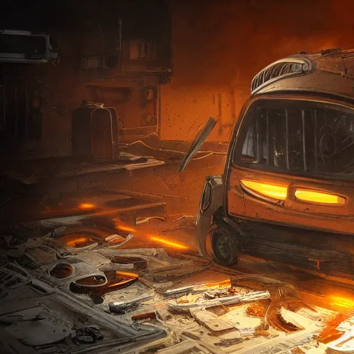 Image similar to head of toaster oven mecha, dark messy smoke - filled cluttered workshop, dark, dramatic lighting, orange tint, cinematic, highly detailed, sci - fi, futuristic, movie still