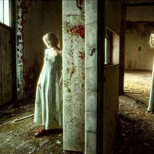 Prompt: a beautiful and eerie picture of two women wearing nightdresses in an abandoned mansion in silent hill