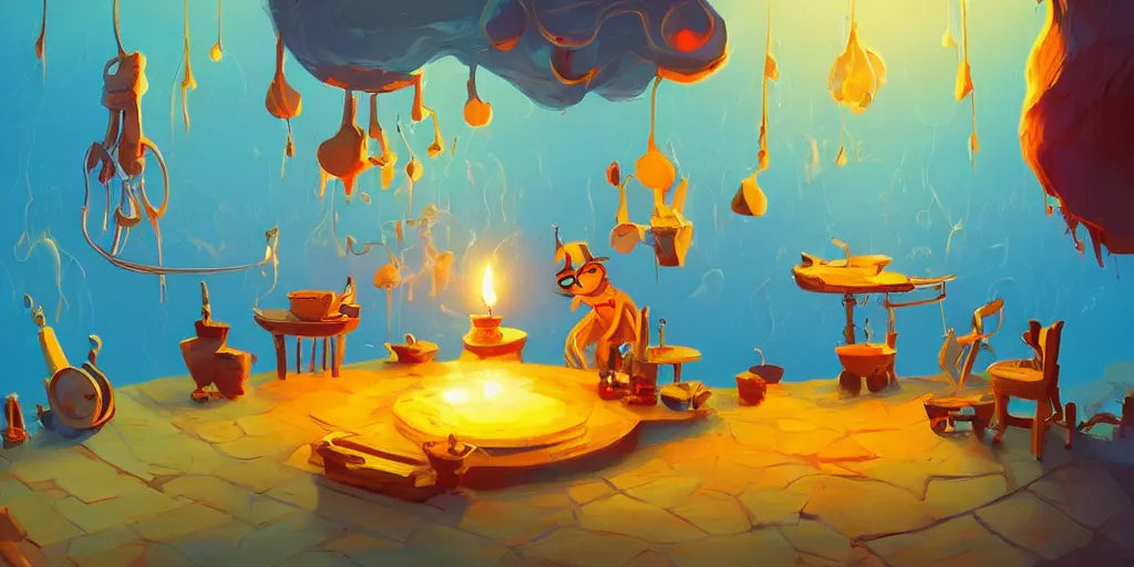 Prompt: weird perspective epic illustration of a smoke shaped kitchen dim lit by 1 candle in a scenic environment by anton fadeev from lorax movie