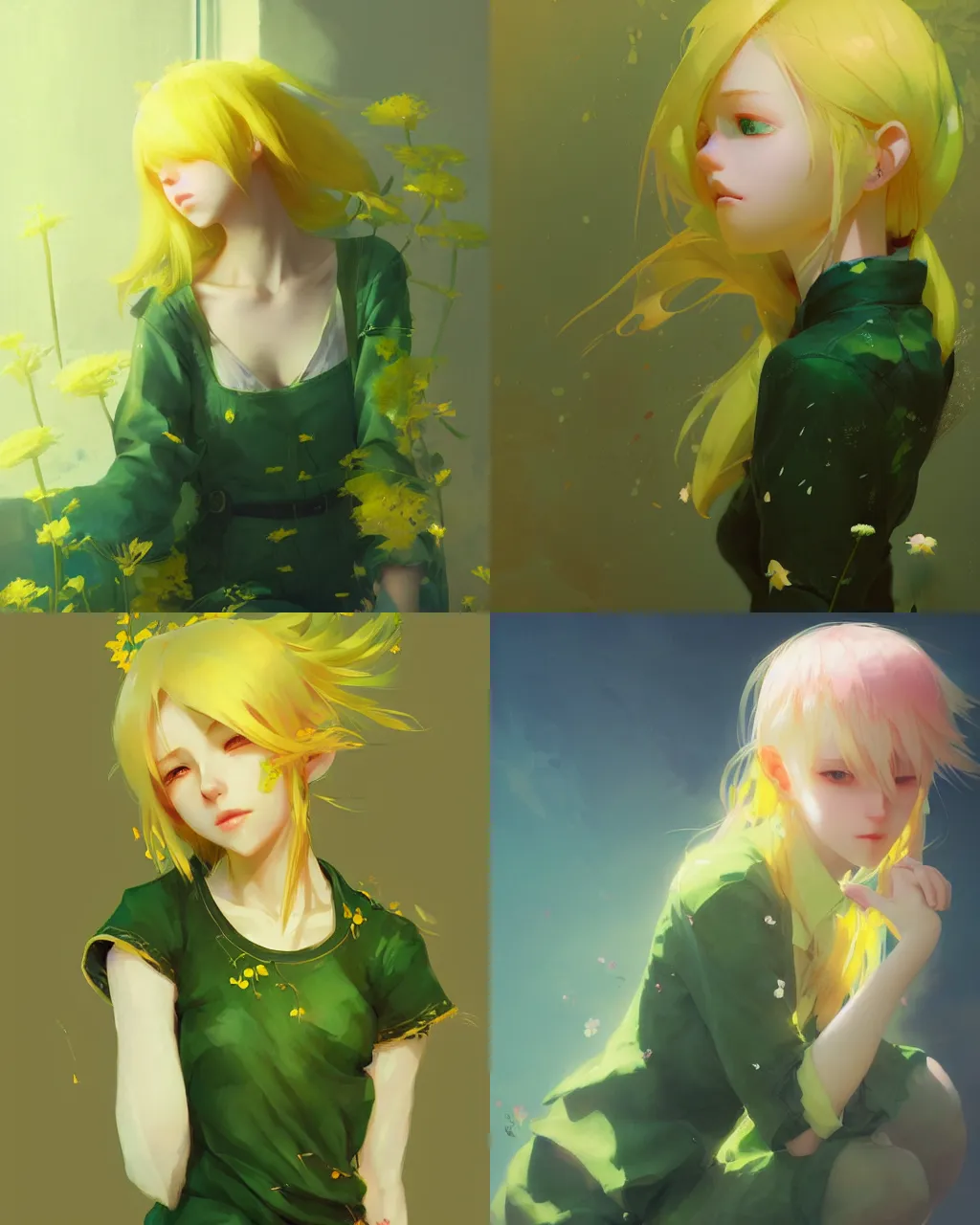 Prompt: girl with yellow hair and green clothing, flower decoration on the background, a beautiful half body illustration, top lighting, perfect shadow, soft painting, art by hidari and krenz cushart and wenjun lin
