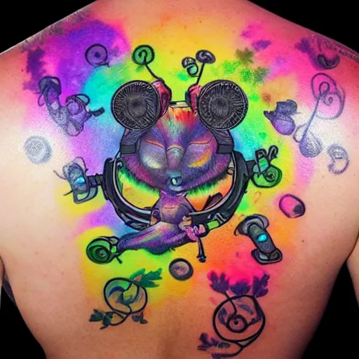 Image similar to shoulder back tattoo of a multicolored cute bush baby wearing headphones, in front is dj desk with cd mixer, eyes are colorful spirals, surrounded with colorful magic mushrooms and rainbowcolored marihuana leaves, insanely integrate