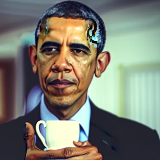 Image similar to blurry still of obama pouring lean in a doublecup, film grain, realistic face, insane detail