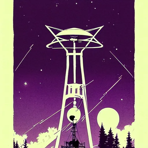 Image similar to artgerm, norman rockwell, abigail larson, purple color pallete, welcome to night vale, radio tower with black hole above it, helicopter, spooky strange weird quirky, cartoon, 2 d, chiral lighting