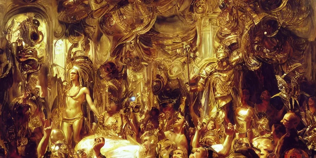 Image similar to beautiful oil painting, high details, the alien god emperor of ancient civilization surrounded by servants in gilded halls a golden wreath upon his head, by anders zorn, wonderful masterpiece by greg rutkowski, beautiful cinematic light, american romanticism, by giger, rolf armstrong, ernie barnes