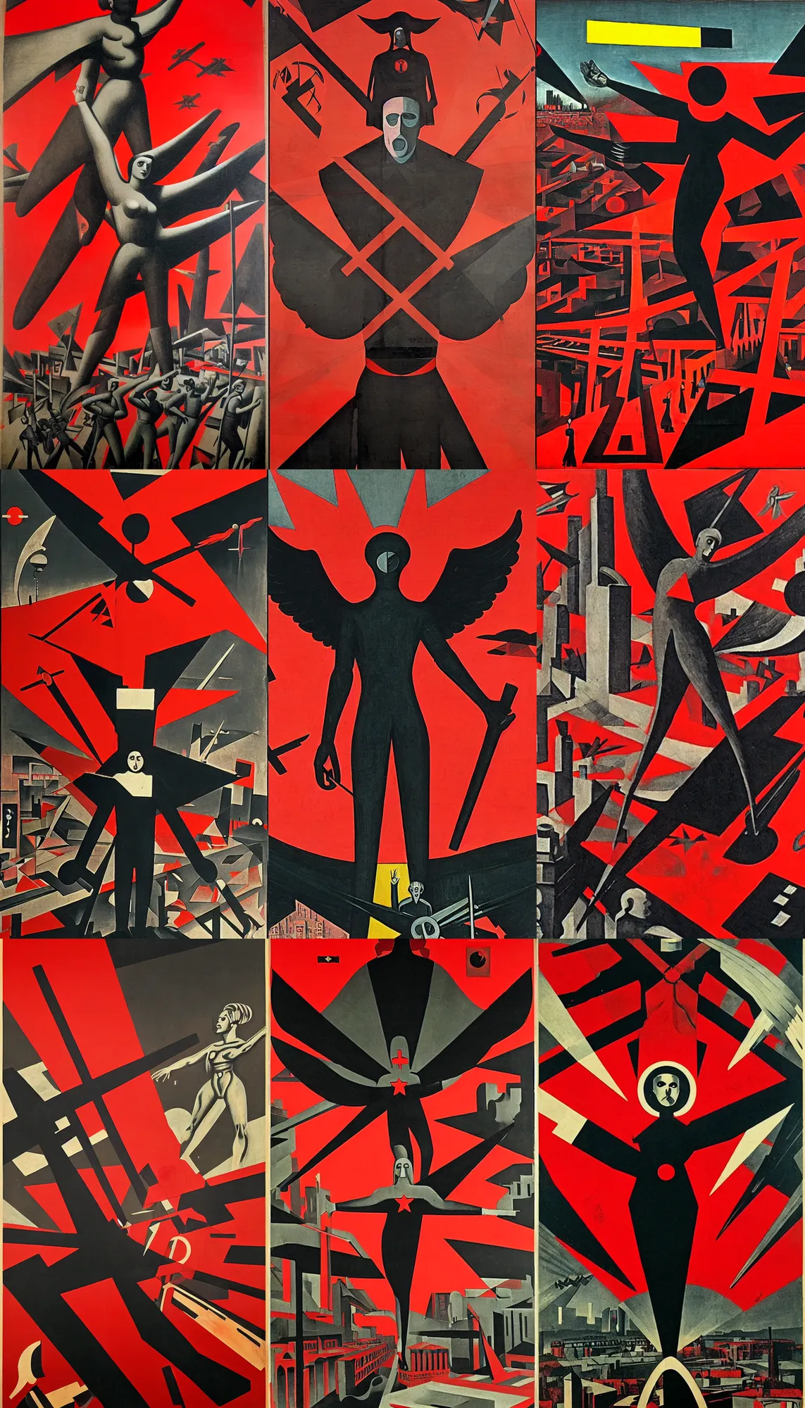 Prompt: totalitarian socialist angel, futurism alternate timeline, anarcho - communist heaven, red and black flags, modernist factories in background, art by max ernst, cnt spanish civil war era propaganda, extremely detailed, 4 k