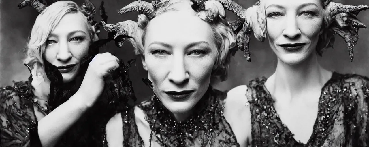 Prompt: 1920s portrait photography of cate blanchett transforming into a monster, edelweiss growing out of her face, goat horns on her head