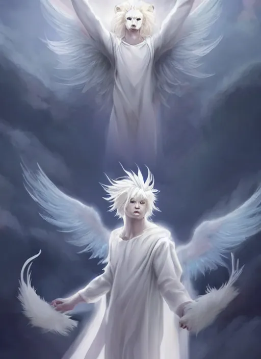 Image similar to aesthetic, religious fantasy portrait commission of an albino male furry anthro lion with giant feathery glowing angel wings flying in the heavenly cloudy sky wearing a silky white transparent cloak blowing in the wind, Atmospheric . Character design by charlie bowater, ross tran, artgerm, and makoto shinkai, detailed, inked, western comic book art, 2021 award winning film poster painting