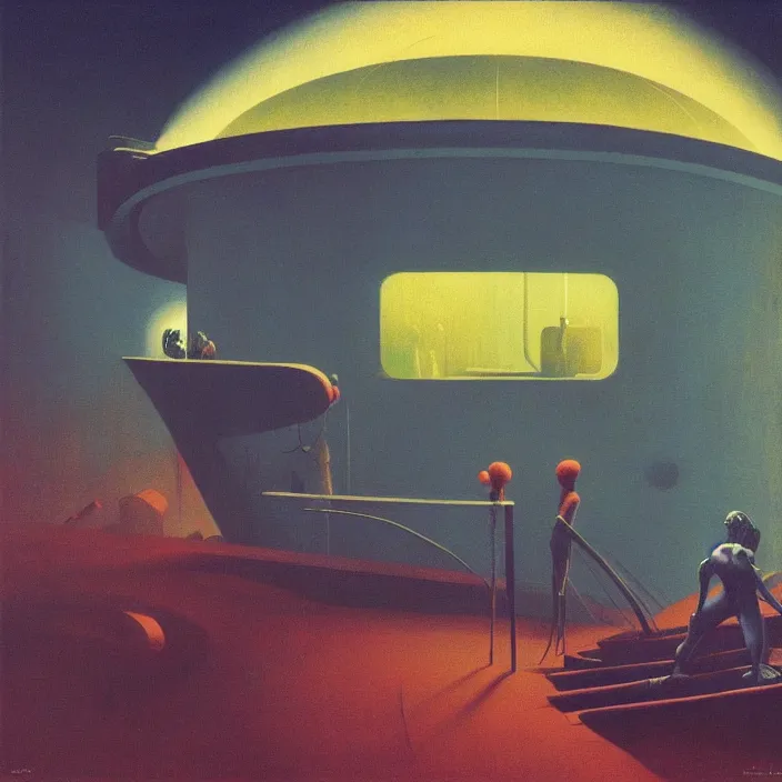 Image similar to rave, science fiction, Edward Hopper and James Gilleard, Zdzislaw Beksinski, highly detailed