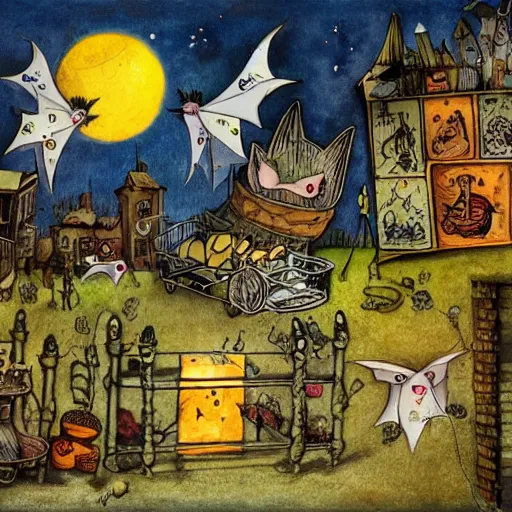 Prompt: bats picking up wishes for delivery at the Wish Factory, Wimmelbilder book by Brenda Haw, cut-away, find the hidden object, whimsical, cel-shaded, hyperdetailed, intricate, ArtStation