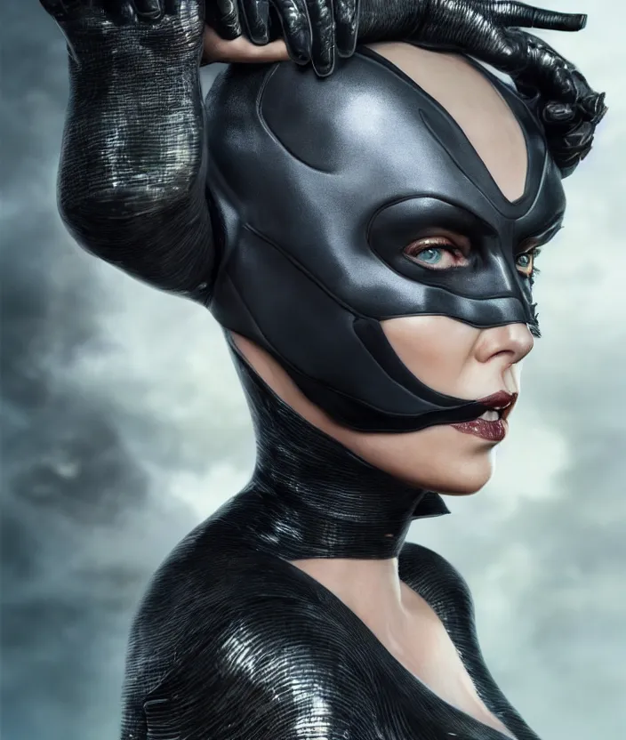 Prompt: portrait of charlize theron as catwoman. hd, 4 k. intricate artwork. by tooth wu, wlop, beeple, dan mumford. octane render, trending on artstation, greg rutkowski very coherent symmetrical artwork. cinematic, hyper realism, high detail, octane render, 8 k, iridescent accents.