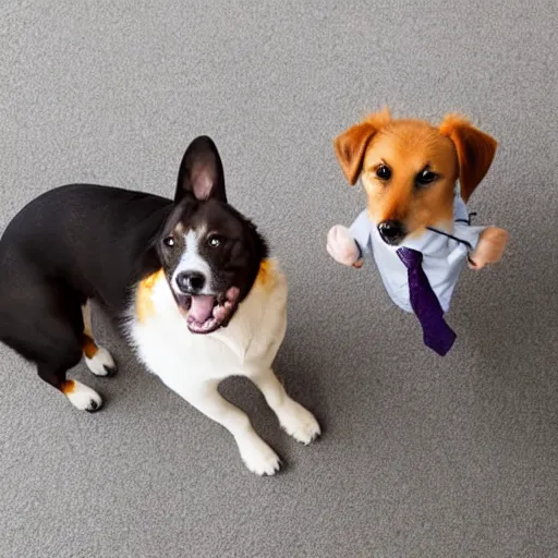 Prompt: Business dog waving goodbye to his dog coworkers