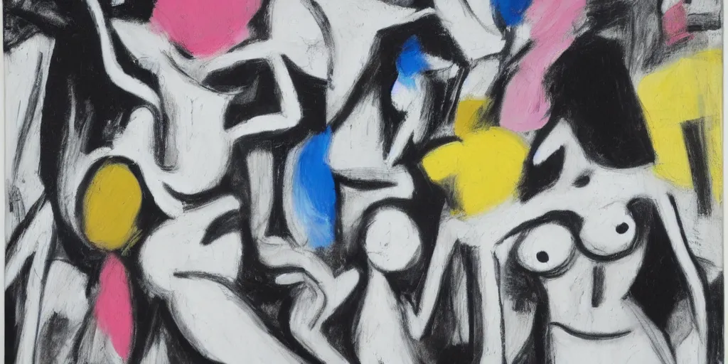 Prompt: black white drawing by de kooning on white canvas, blue and pink tilt shift, detailed martha jungwirth sketch, painted by yves tanguy, formalist, oil on canvas, thick impasto
