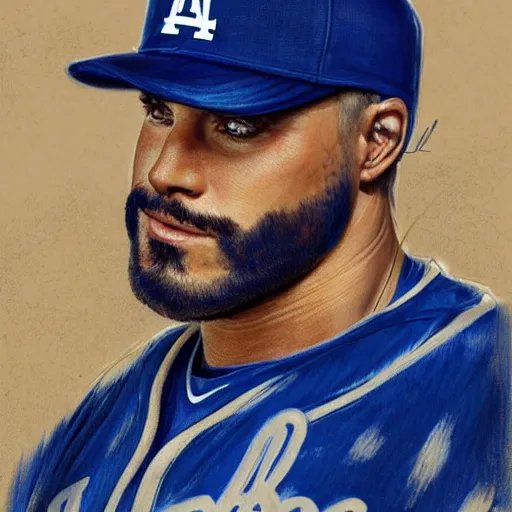 Image similar to portrait painting of los angeles dodger baseball player, unshaven, ultra realistic, concept art, intricate details, serious, highly detailed, photorealistic, octane render, 8 k, unreal engine. art by artgerm and greg rutkowski and alphonse mucha