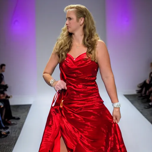 Image similar to Macgyver in a dress walking down a catwalk during fashion show