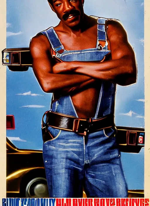 Image similar to an 8 0's john alvin action movie poster starring eddie murphy face as a plumber to rich people. bathroom. overalls. tool belt. the movie is called beverly hills crap