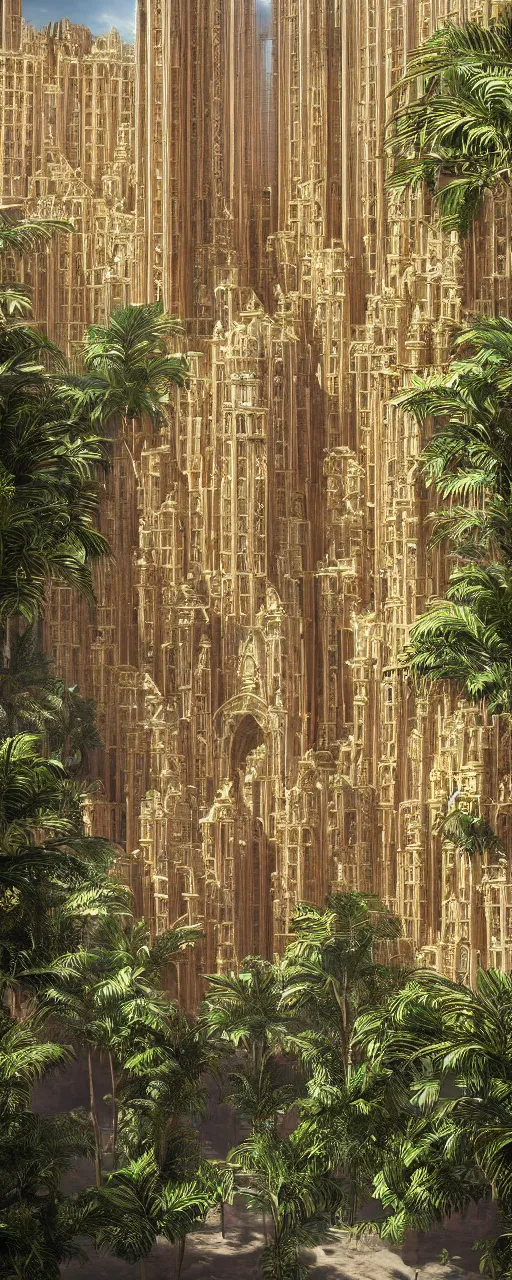 Prompt: photorealistic eye level babylon tower, golden intricate details, stone facade, sacred ancient architecture, hanging gardens, cascading highrise, arid mountains with lush palm forest, sunlight, post - production, octane, cgi, sfx