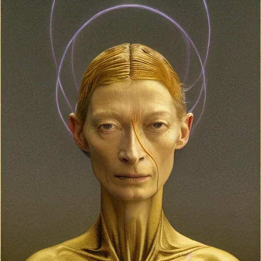 Image similar to Woman masterpiece, Tilda Swinton, yellow, golden halo behind her head, wires everywhere, by Edgar Maxence and Ross Tran, Zdzisław Beksiński, and Michael Whelan, distant, gustav dore, H.R. Giger, 8k, octane render