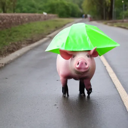 Image similar to photograph of a cute pig walking upright wearing a green dinosaur raincoat