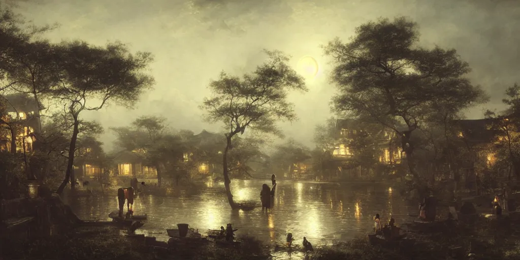 Image similar to an asian outdoor garden, family sitting at dining table center frames, full moon on the sky, the night is late, by andreas achenbach, artgerm, mikko lagerstedt, zack snyder, tokujin yoshioka