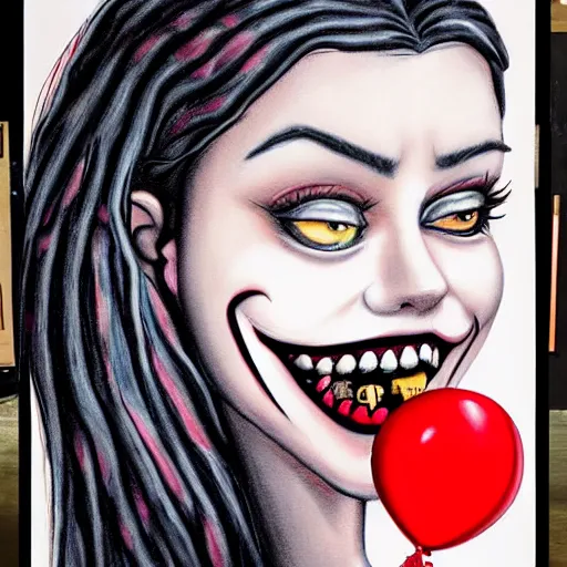 Image similar to grunge cartoon painting of kylie jenner with a wide smile and a red balloon by chris leib, loony toons style, pennywise style, corpse bride style, horror theme, detailed, elegant, intricate