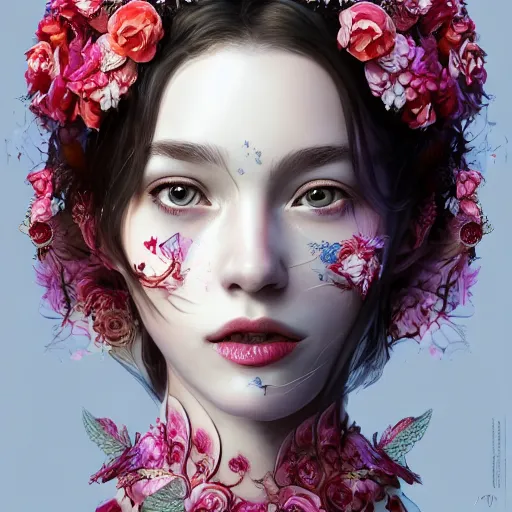 Prompt: the face of an absurdly beautiful, graceful, elegant, sophisticated young woman made of strawberries and white petals with tears, an ultrafine hyperdetailed illustration by kim jung gi, irakli nadar, intricate linework, bright colors, octopath traveler, final fantasy, unreal engine 5 highly rendered, global illumination, radiant light, detailed and intricate environment