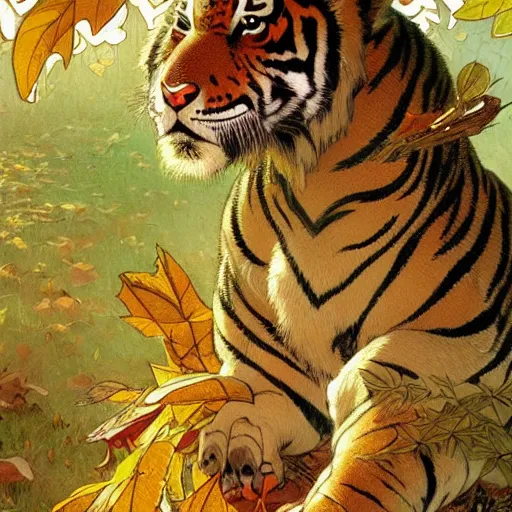 Image similar to a highly detailed portrait of cartoon tiger, sweating and fanning, autumn leaves on the ground, concise lines, ultradetailed environment, sharp focus, cinematic lighting, character art, 8 k, by alphonse maria mucha and kim jung gi