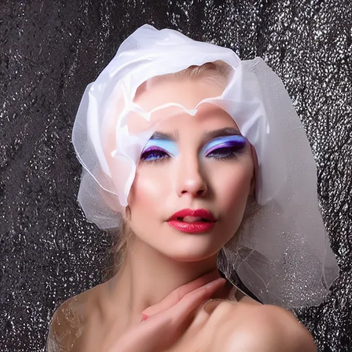 Image similar to portrait pretty woman, colorful plastic veil, verny ornated, intrincate latex