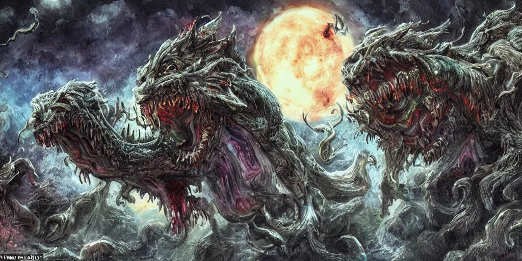 Prompt: concept art of gargoyle attack, lovecraftian, lots of teeth, melting horror, fluffy feathers, round moon, rich clouds, fighting the horrors of the unknown with laser guns, high resolution, very detailed, colorful